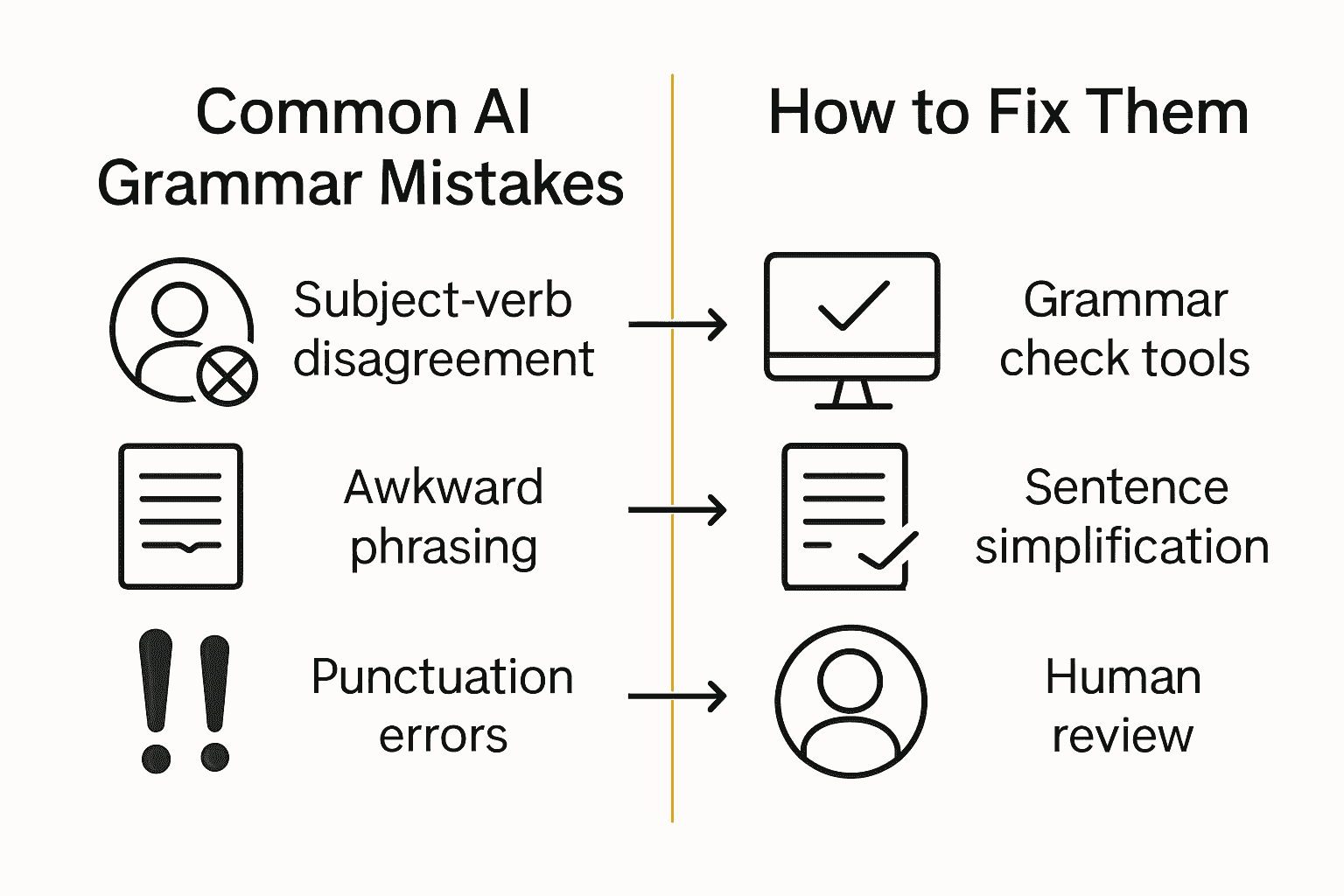 Infographic showing common grammar mistakes in AI writing and how to fix them.
