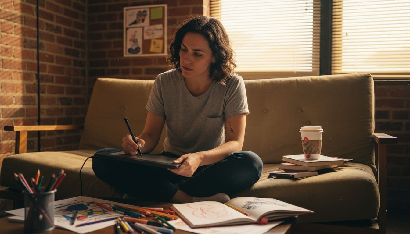 Illustrator sketching in casual studio setup