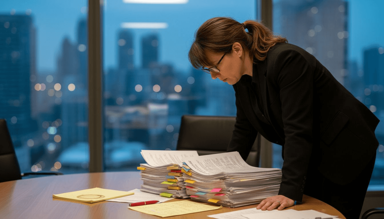 Legal expert reviewing complex documents in office