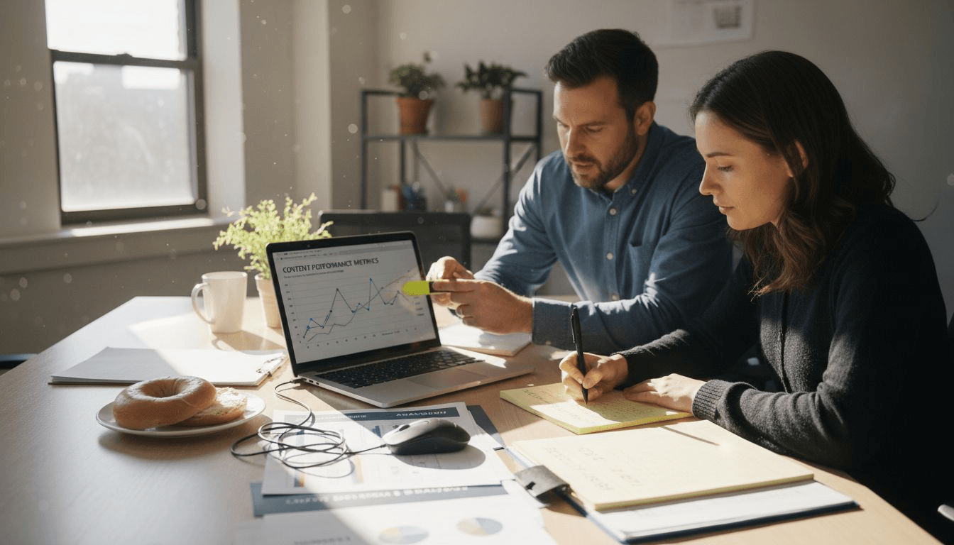 Analysts review dashboard with content performance metrics