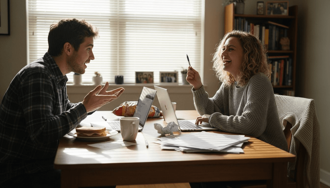 Writers discussing drafts at cluttered table
