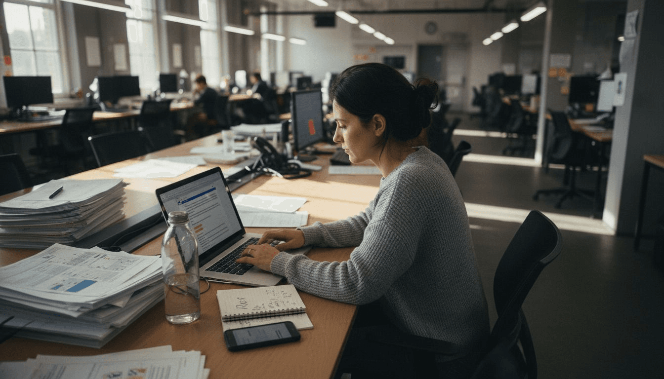 Writer editing AI-generated newsletter at desk