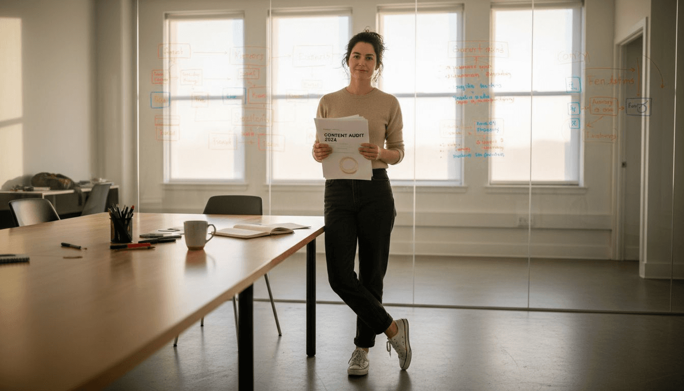 Marketer reviewing content audit printouts
