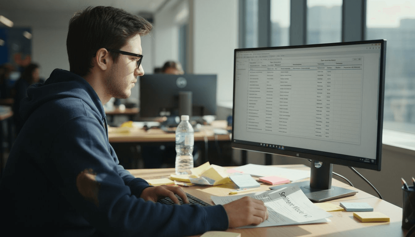 Engineer reviewing NLP results at cluttered desk