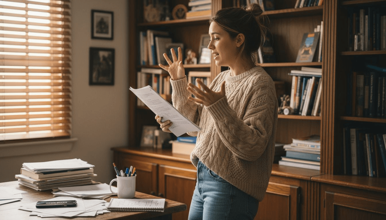 Woman reading manuscript aloud in study