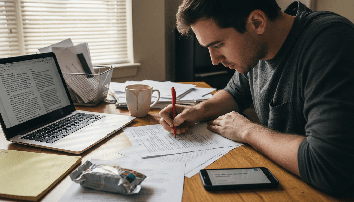 Writer marking up sentences at home desk
