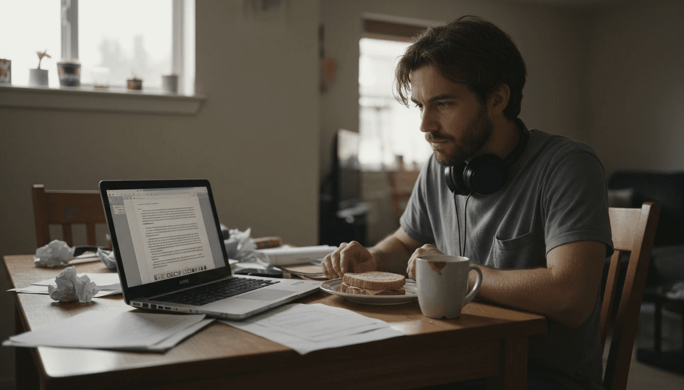 Content writer reviewing text at kitchen table