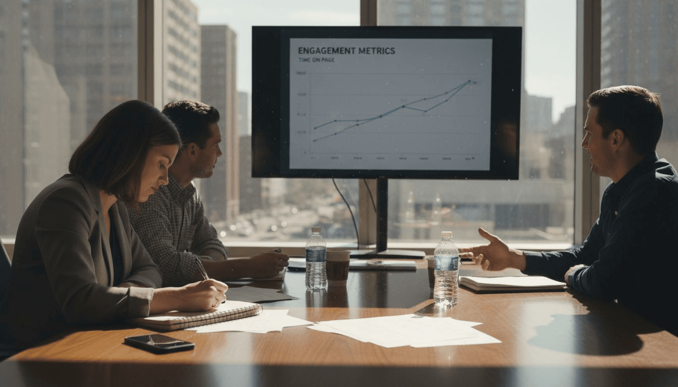 SEO team reviewing engagement metrics chart