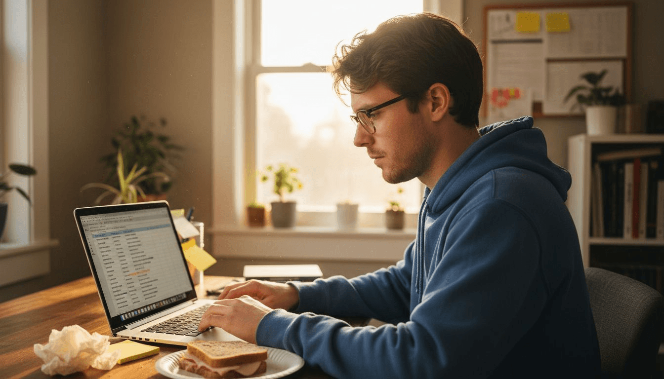 Man typing keywords into spreadsheet