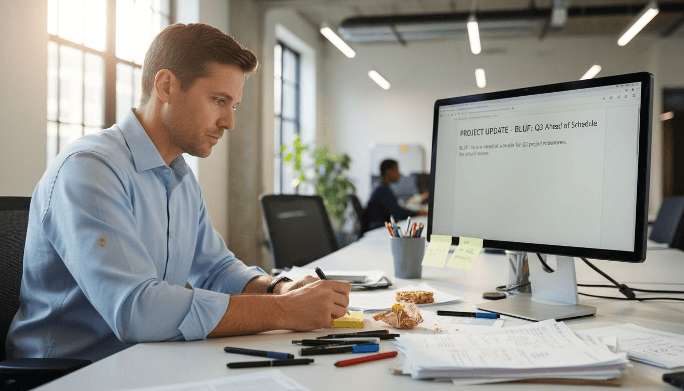 Employee applying BLUF method at desk