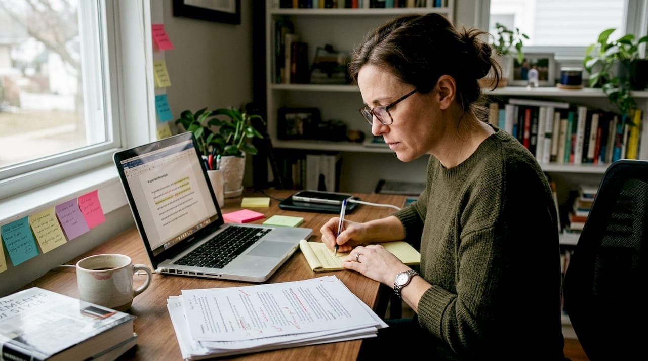 Editor reviews ai content at home desk