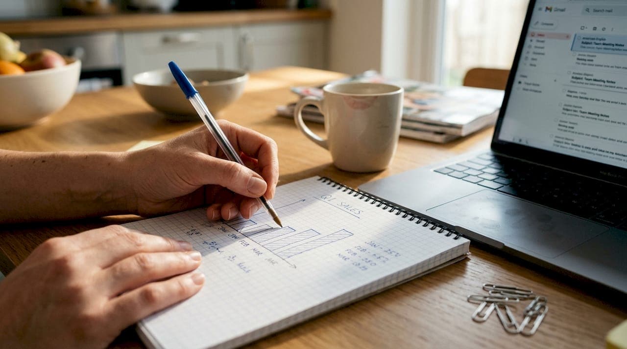 Hands drawing a bar chart in notebook