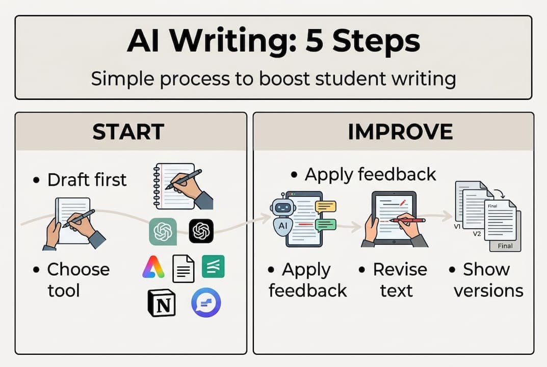 Infographic showing 5 steps for AI writing