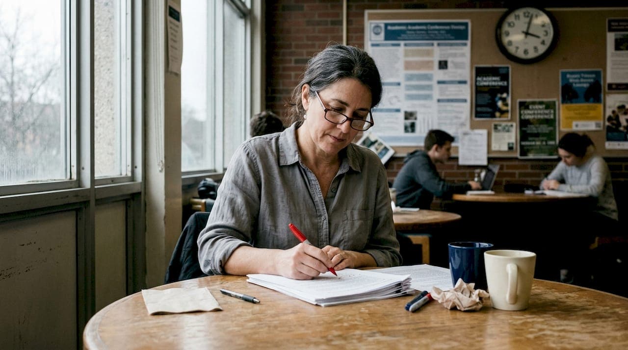 Instructor grading essays in campus lounge