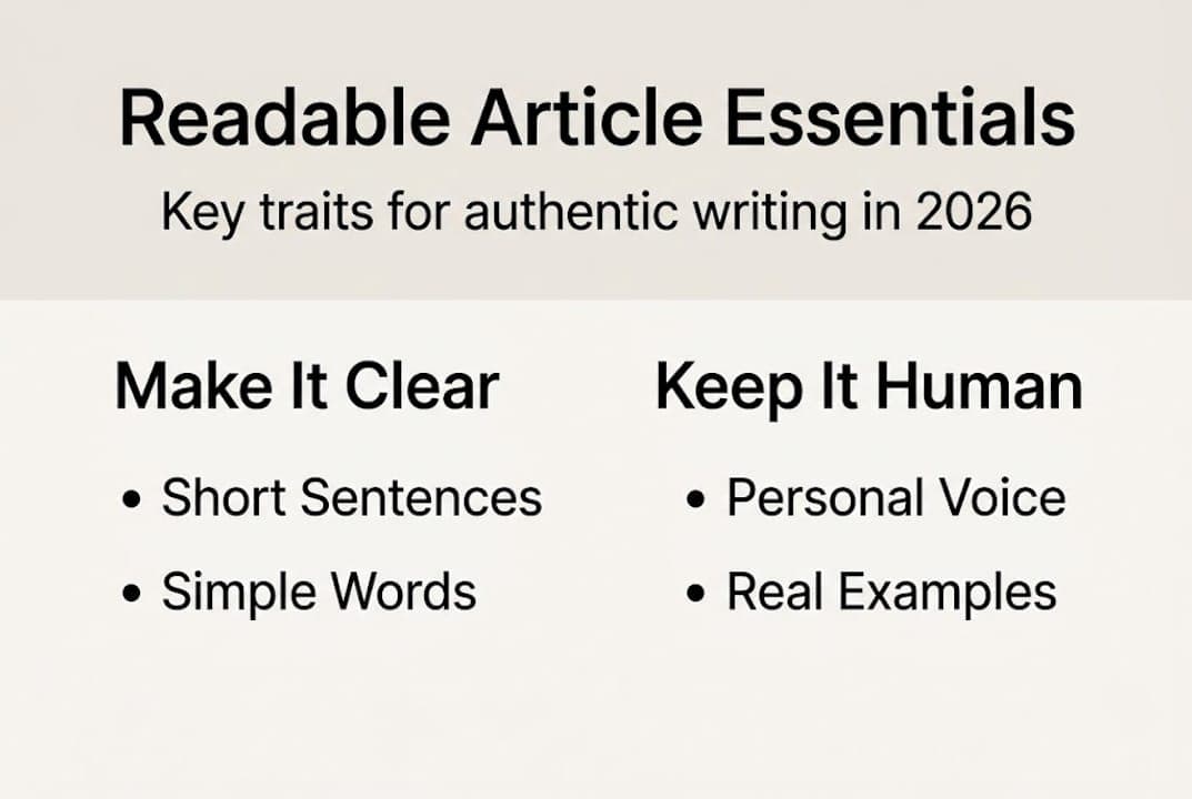 Infographic outlining essentials for readable, human articles