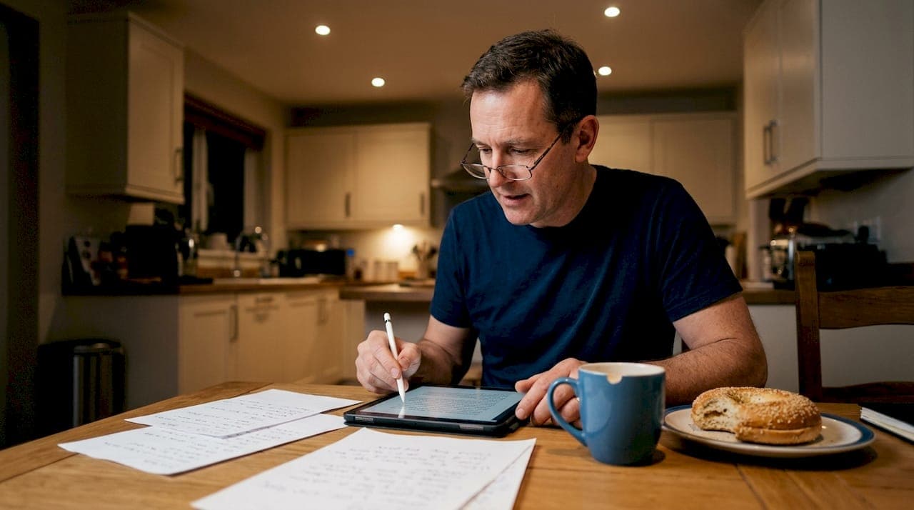 Man editing AI content at kitchen table