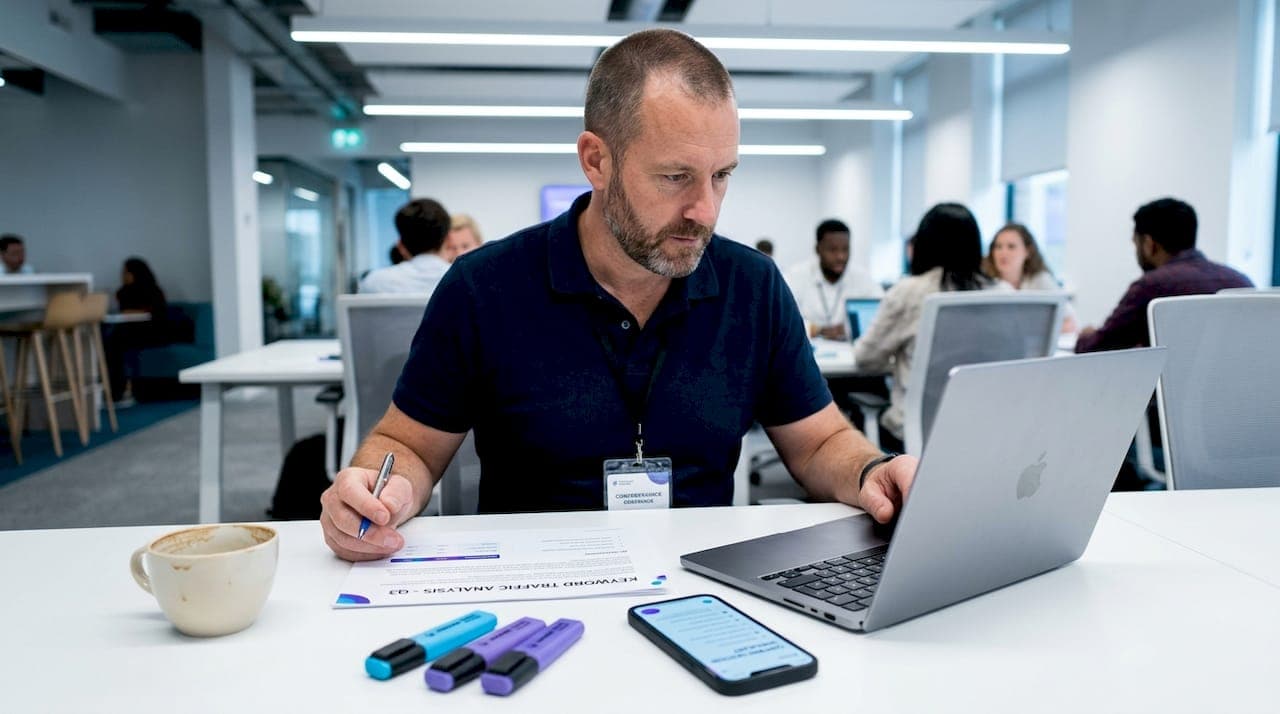 Marketer analyzing search ranking report in office