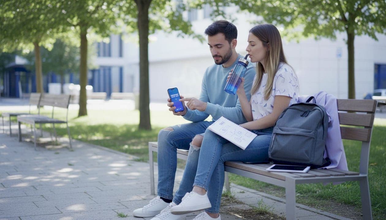 Friends viewing social media trends outdoors