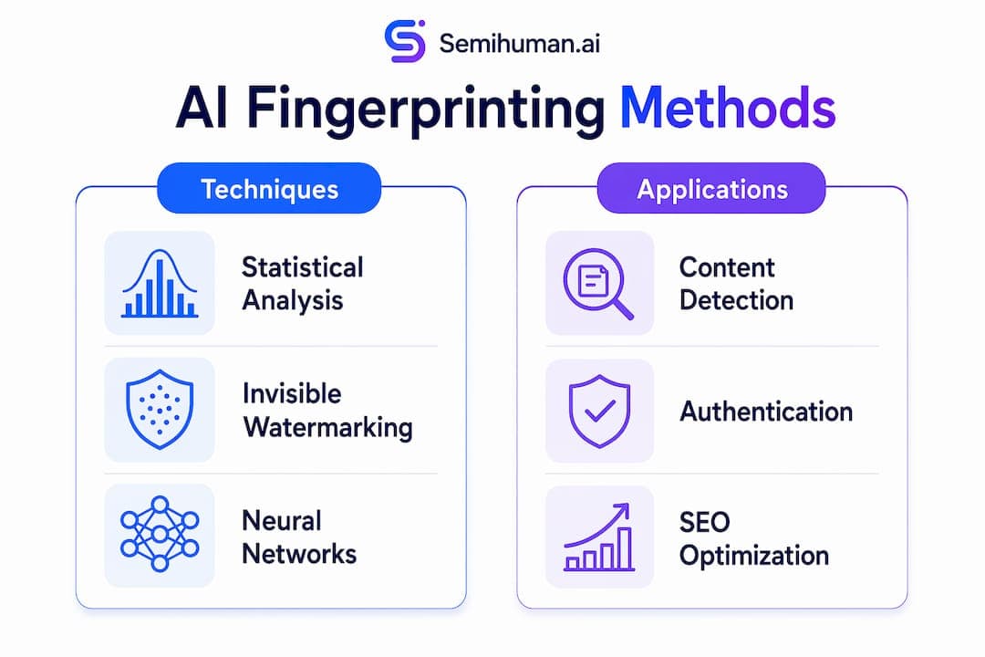 Infographic showing AI fingerprinting methods and applications
