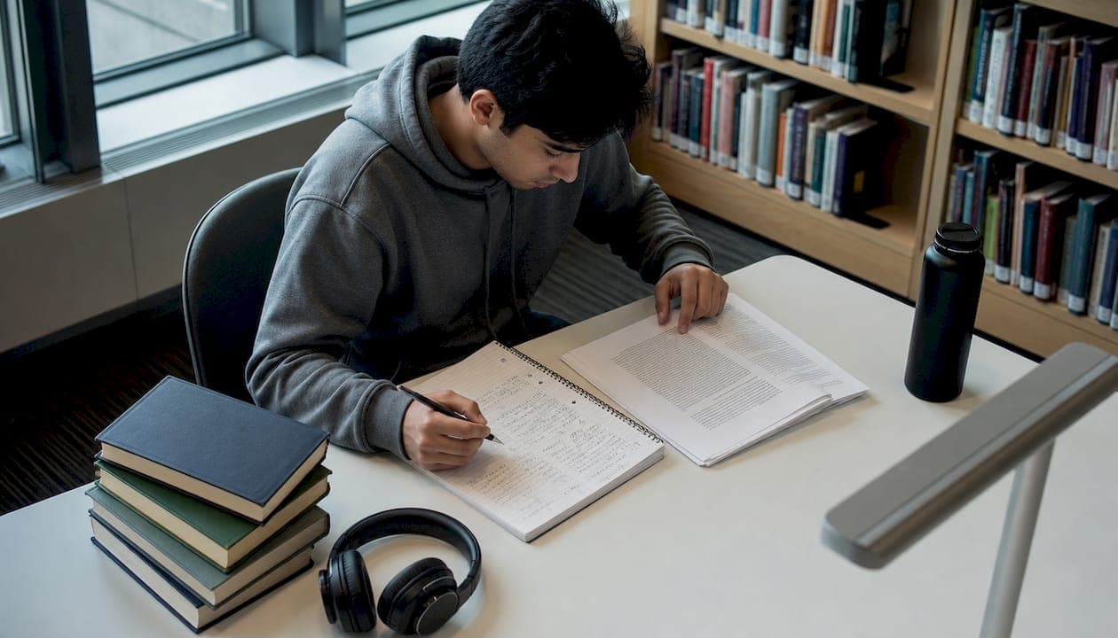 Student comparing notes and AI essay