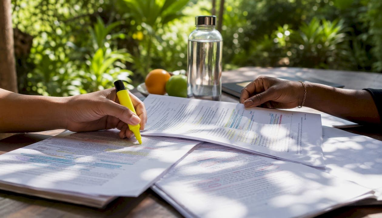 Hands marking writing feedback on printed pages